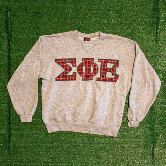 VINTAGE SIGMA PHI EPSILON SWEATER SOFFE FLEECE GRAY PLAID LONG SLEEVE SZ XL Y2K - Picture 1 of 5